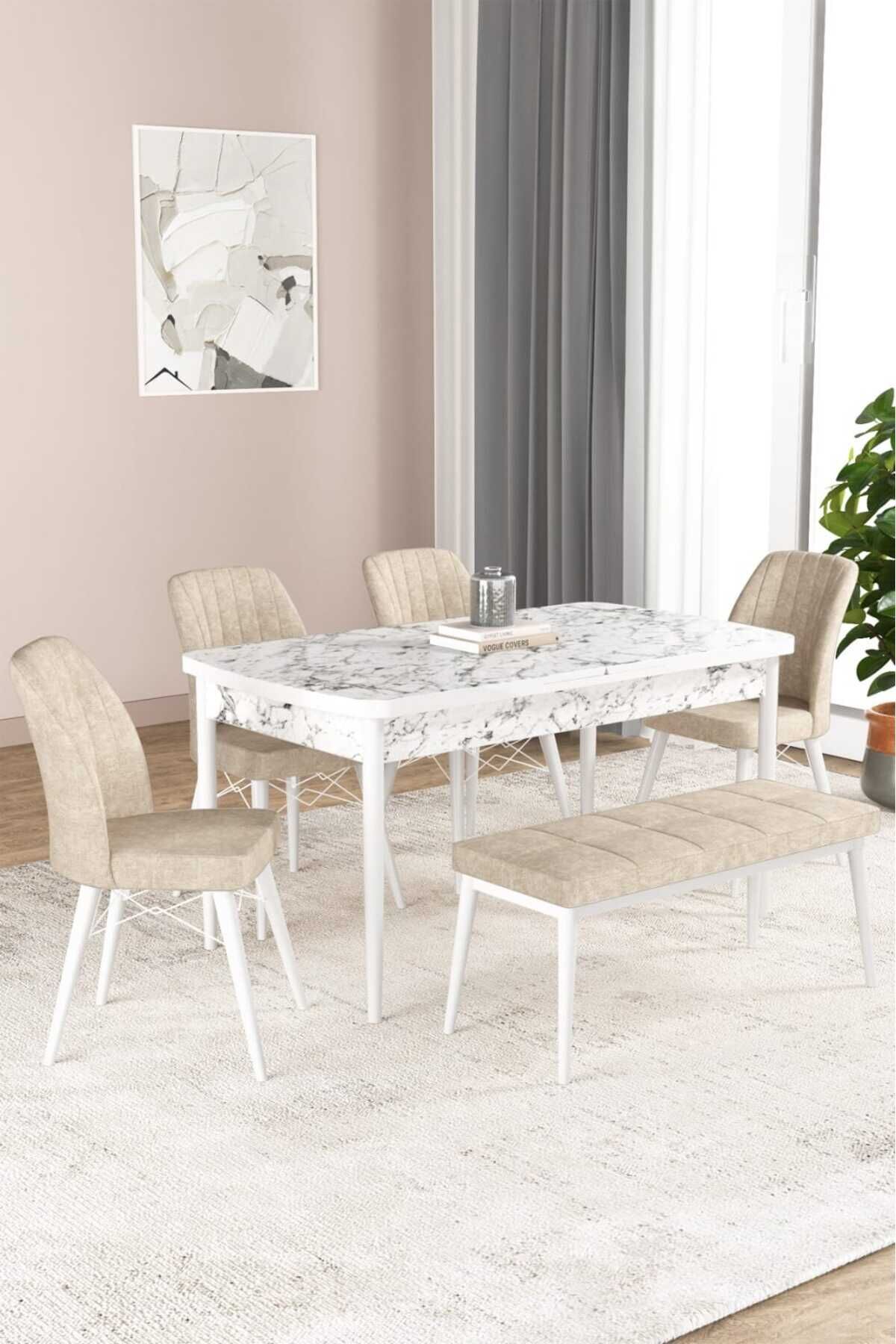 Beyaz Mermer Desenli Mutfak Masası Takımı (4 Krem Sandalye + 1 Bench)